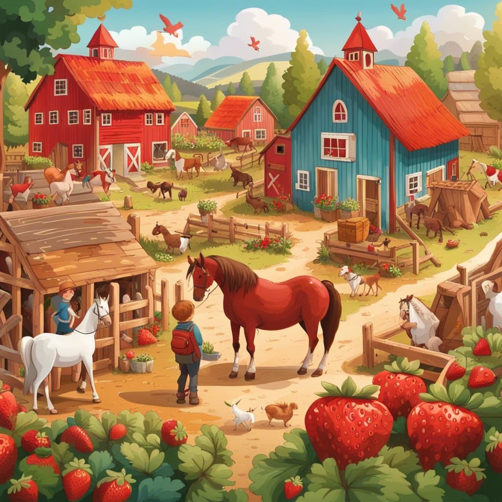 Colorful Village Scene with Farm Animals and Horses