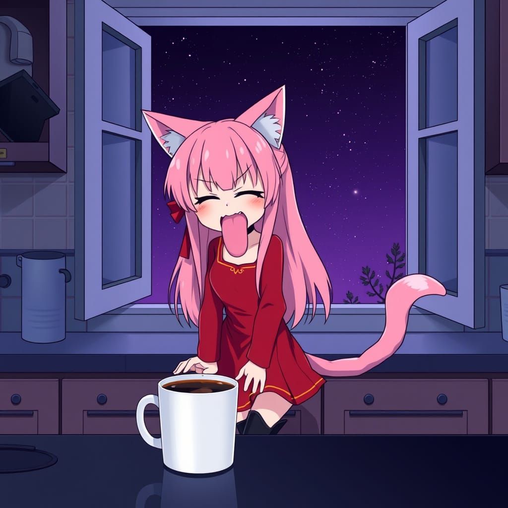 Anime Catgirl Disgusted by Coffee, Synthwave Style
