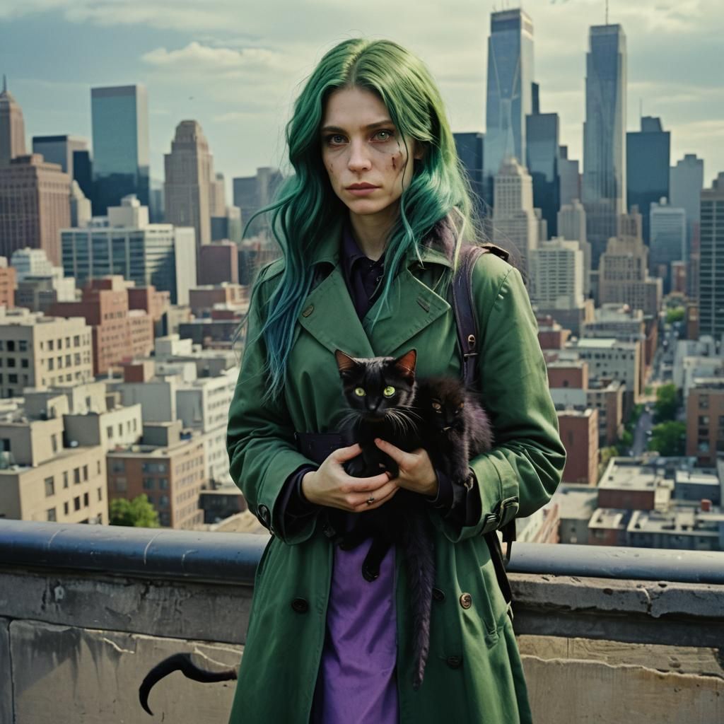 Lizard Woman Holding Kitten in Cityscape
