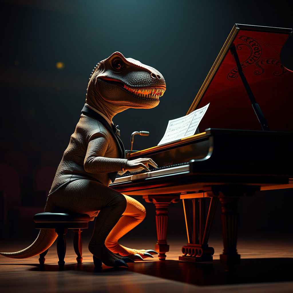 T-Rex Pianist in Tuxedo: A Whimsical Performance