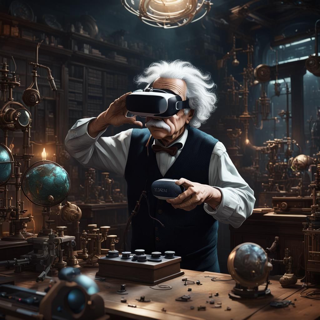 Einstein Enjoys VR in Lab, Dark Fantasy Concept Art