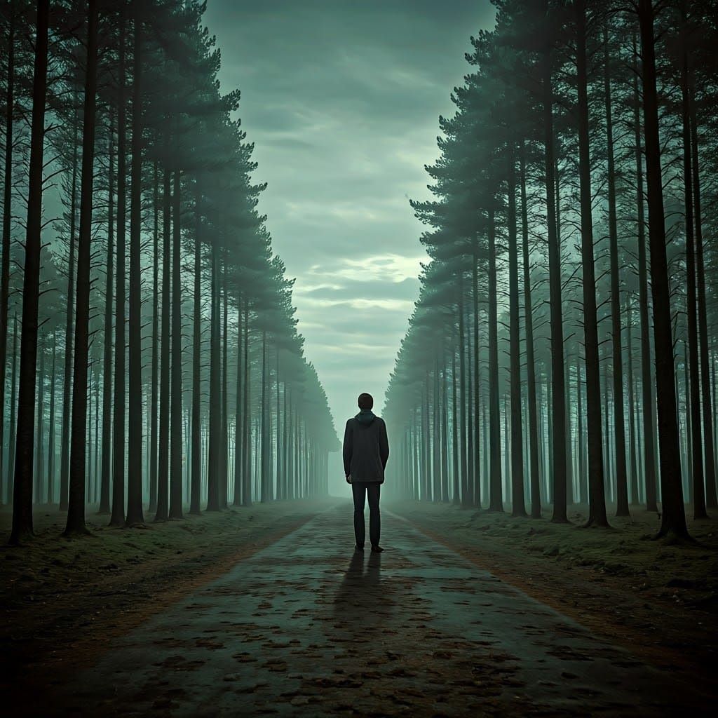 Contemplative Figure in Mysterious Landscape