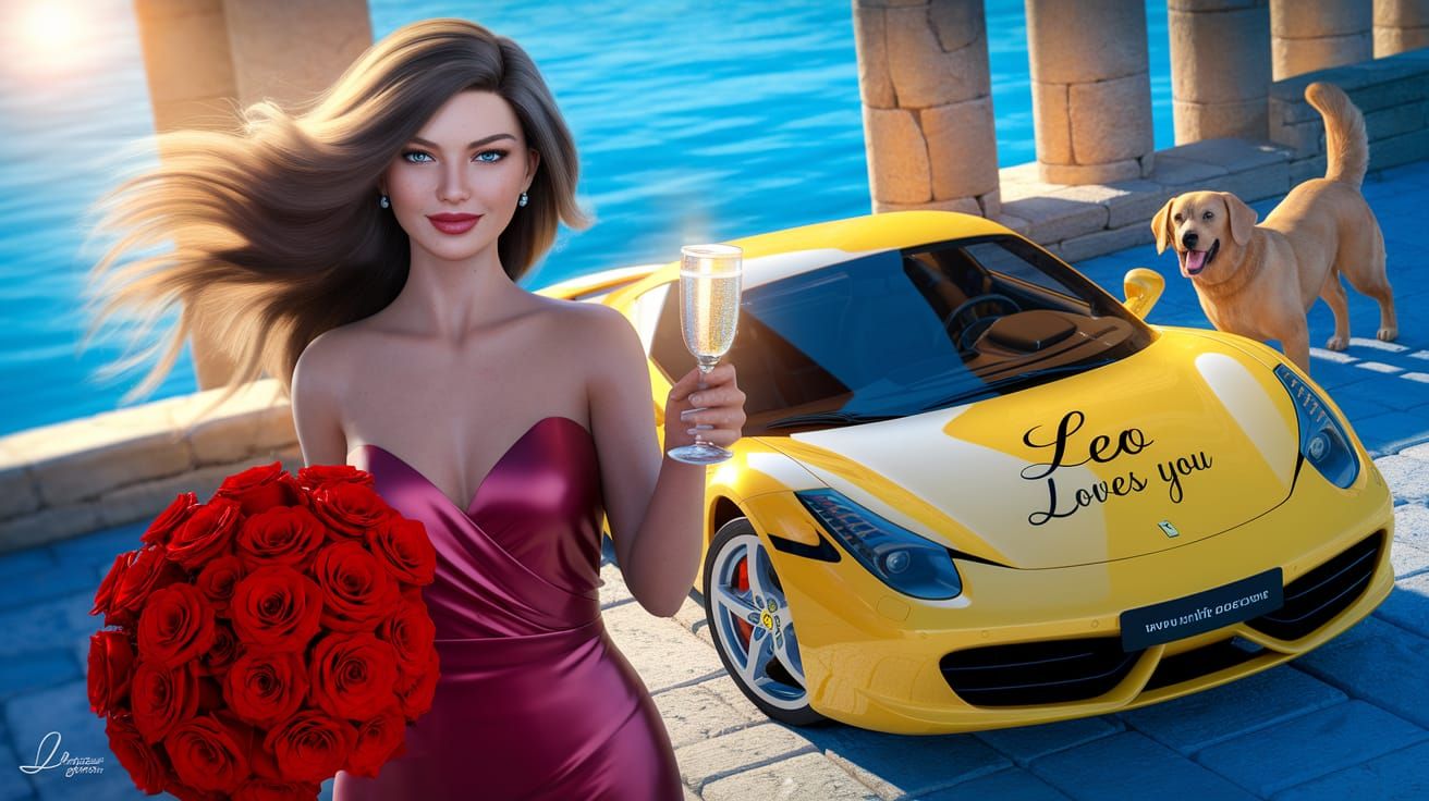 Elegant Woman with Roses and Ferrari in Mediterranean Sun