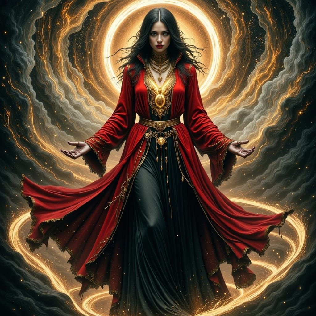 Mystical Sorceress Above Arcane Vortex in Hyperreal Style