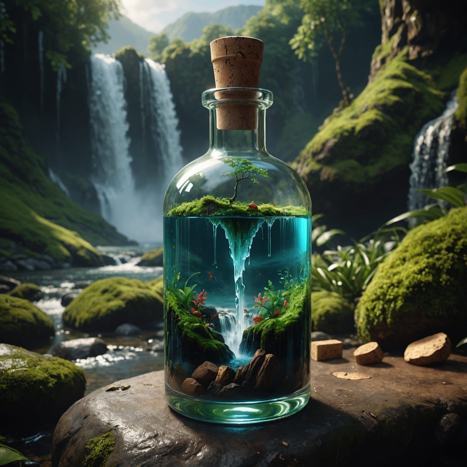 Mystical Waterfall in Glass Bottle: Fantasy Concept Art