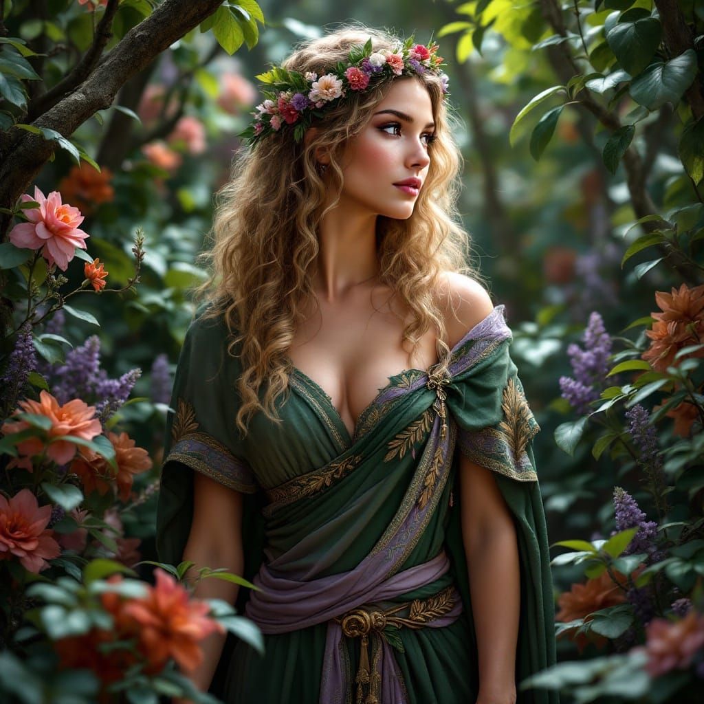 Ethereal Goddess in Vibrant Sacred Grove