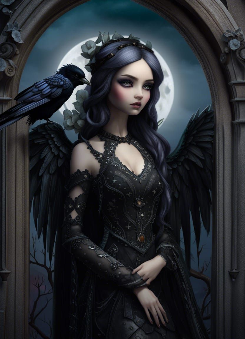 Gothic Fairy with Raven and Moonlit Arch