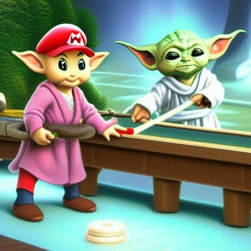 Baby Yoda and Mario Play Shuffleboard