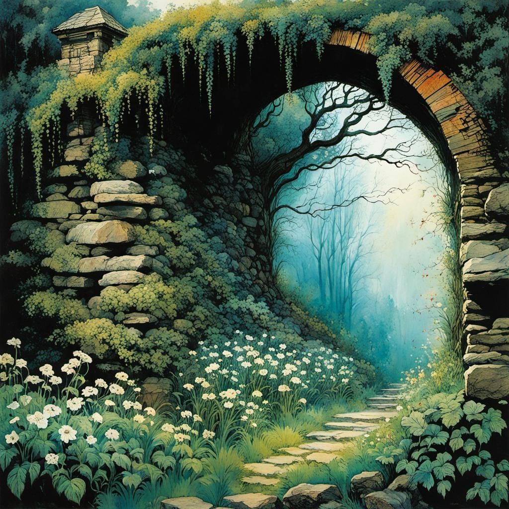 Blooming Garden Through Ancient Wall, Illustrated Style