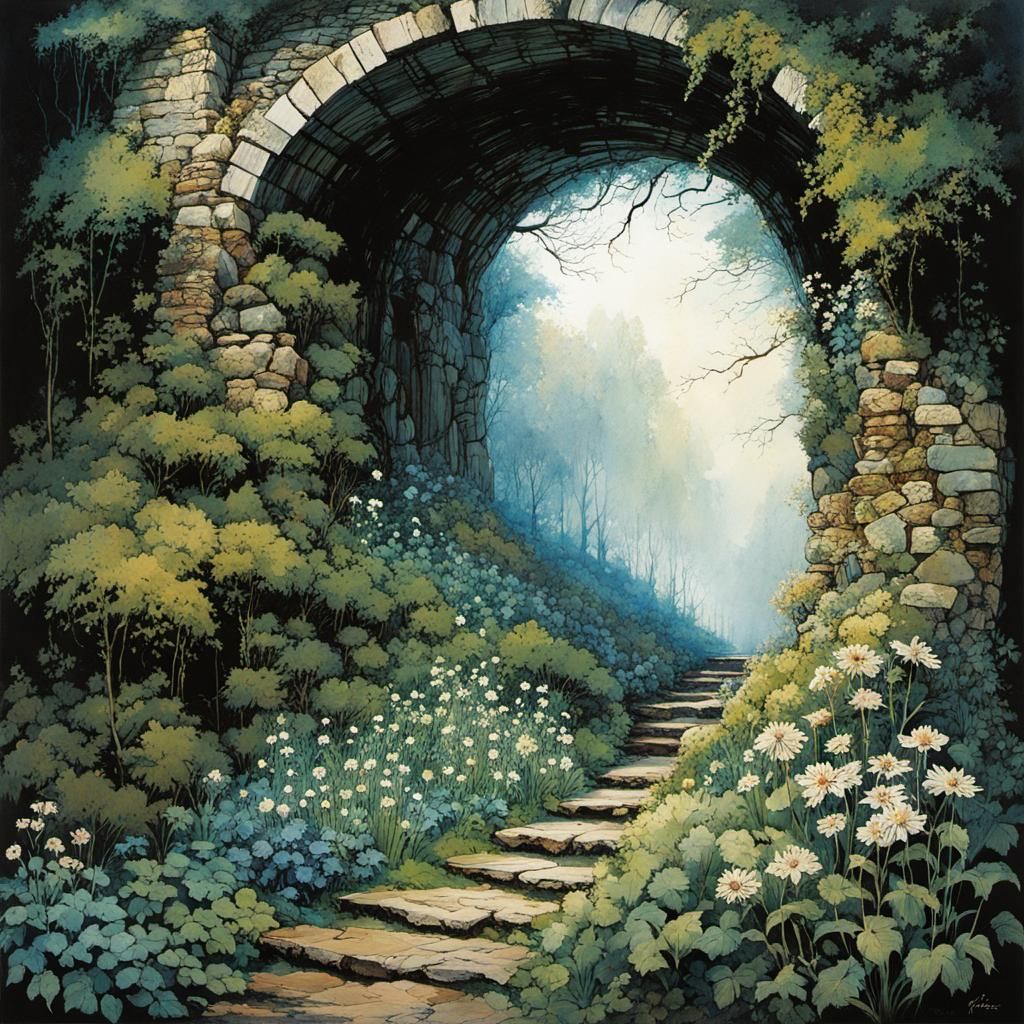 Blooming Garden Through Stone Wall in Romanticism Style