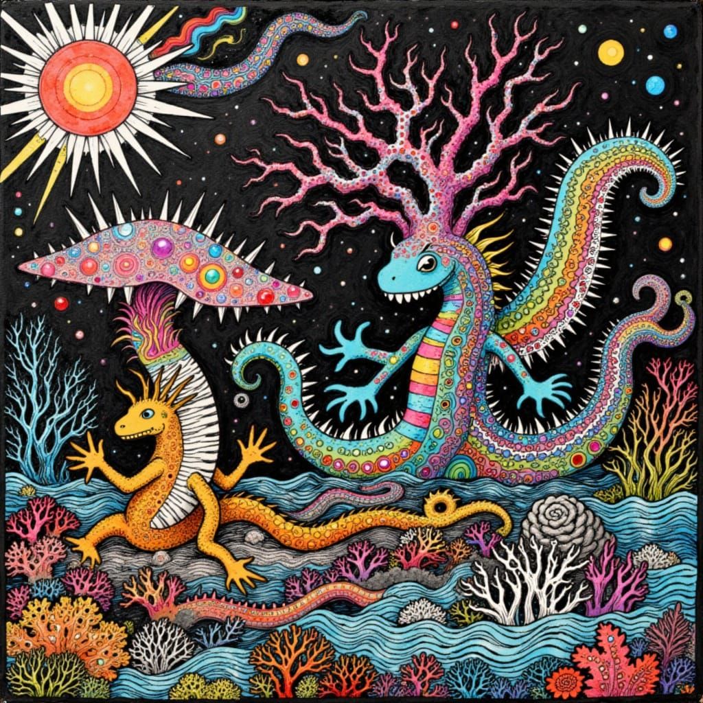 Abstract Digital Art with Swirling Shapes and Light Orbs