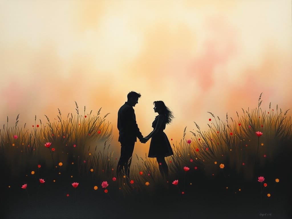 Ethereal Couple in a Vibrant Misty Landscape