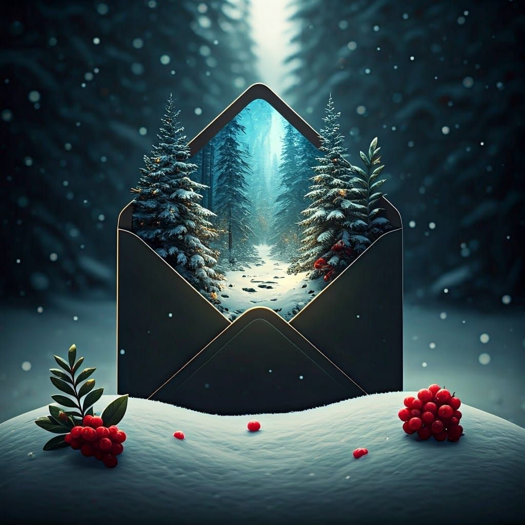 Winter Wonderland Scene Unfolds from Envelope in Photorealis...