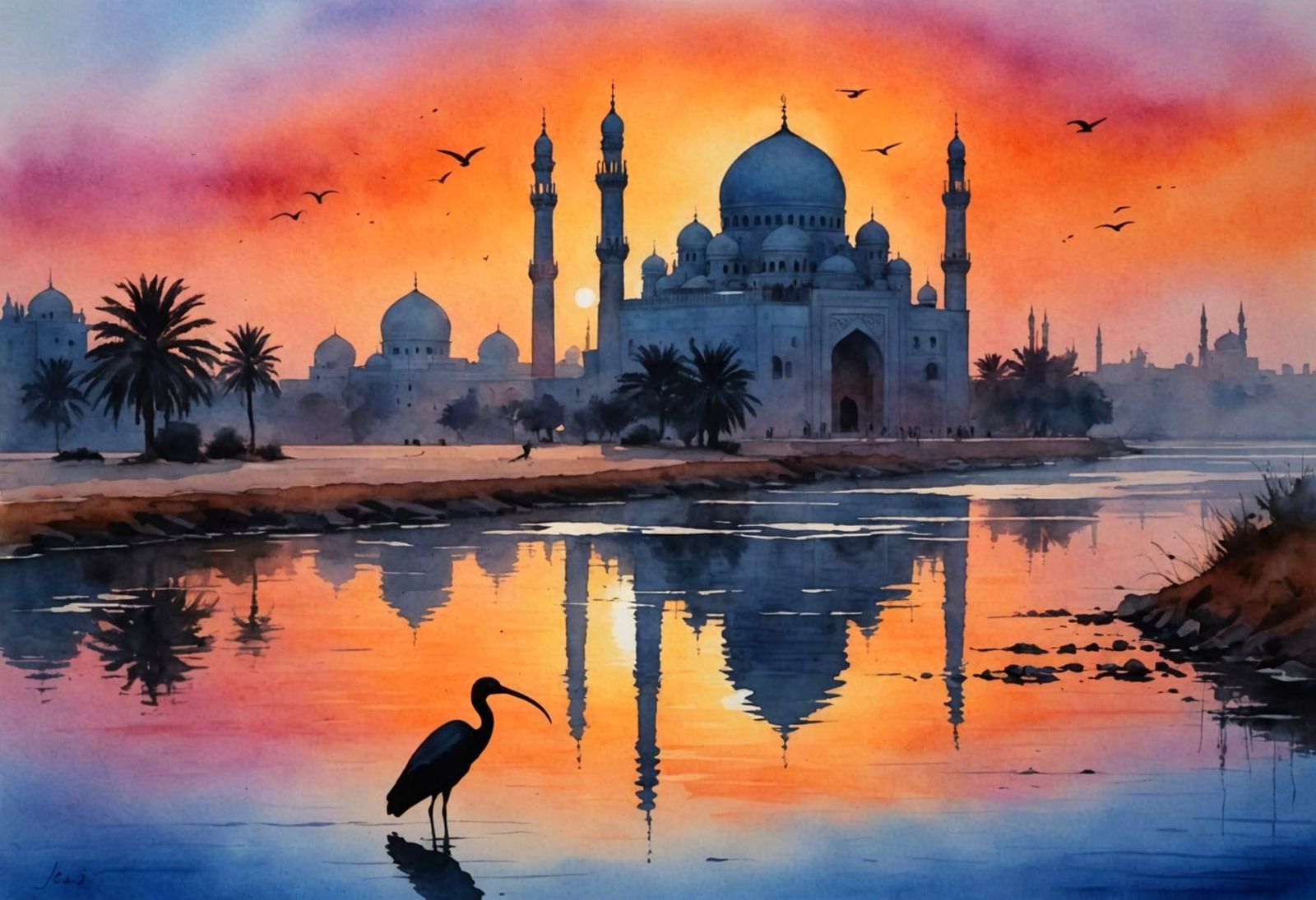 Ibis Silhouette at Arabian Sunset: Watercolor Art