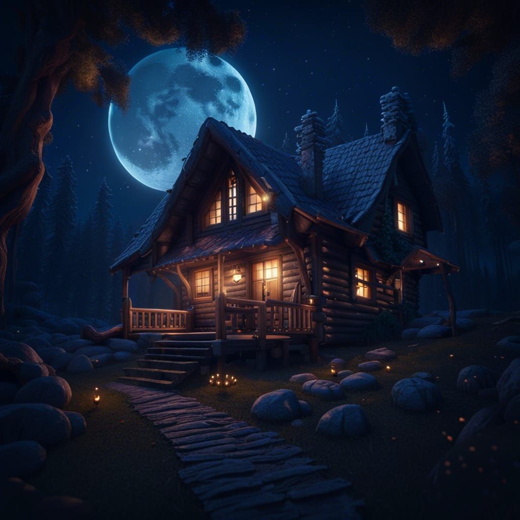 Cozy Cabin Under a Starry Moonlit Sky