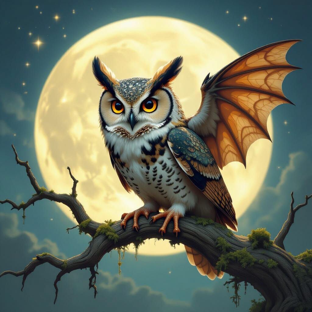 Surreal Owl-Bat-Frog Hybrid Perched on Branch