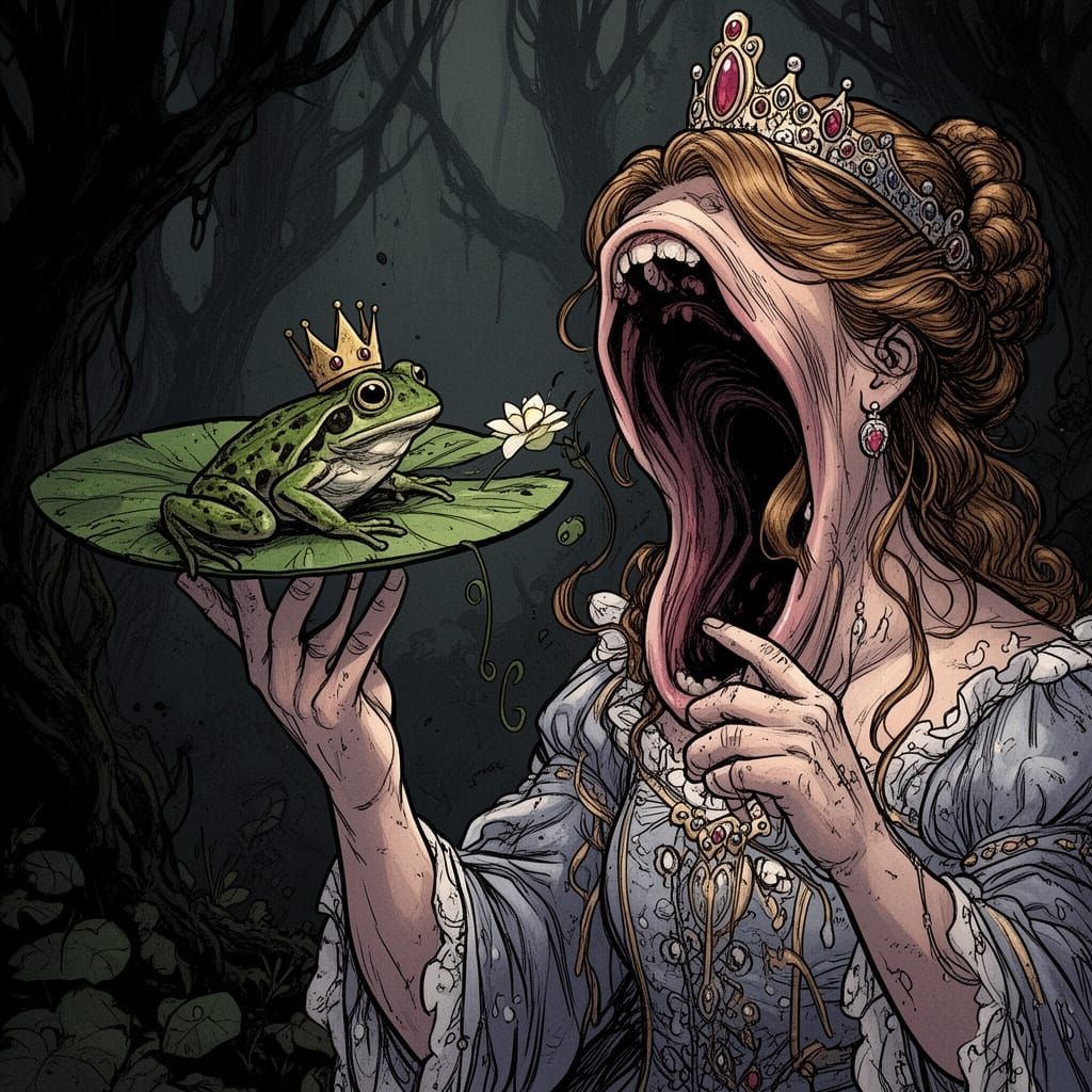 Surreal Princess Offers Frog Lily Pad Appetizer in Dark Grap...