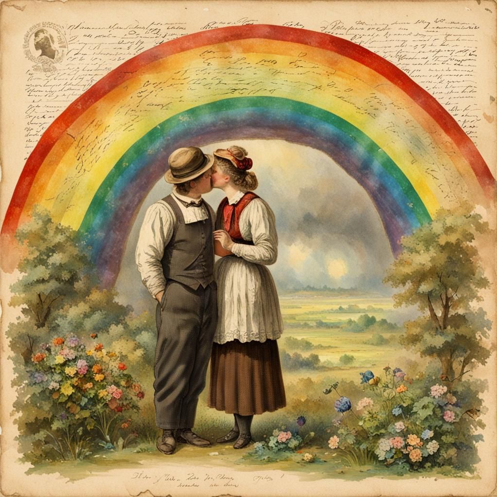Romantic Kiss Under a Rainbow