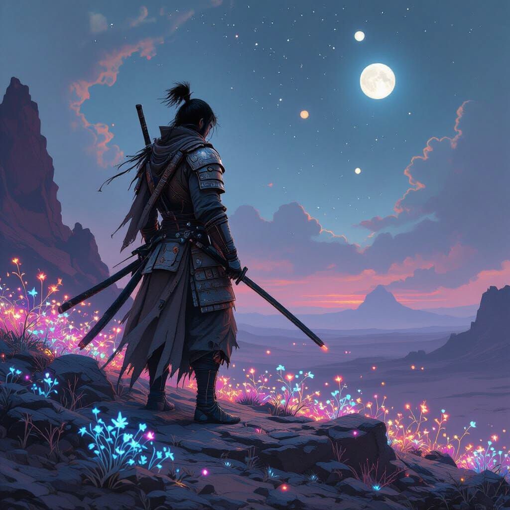 Samurai on Alien Planet in Atmospheric Digital Art