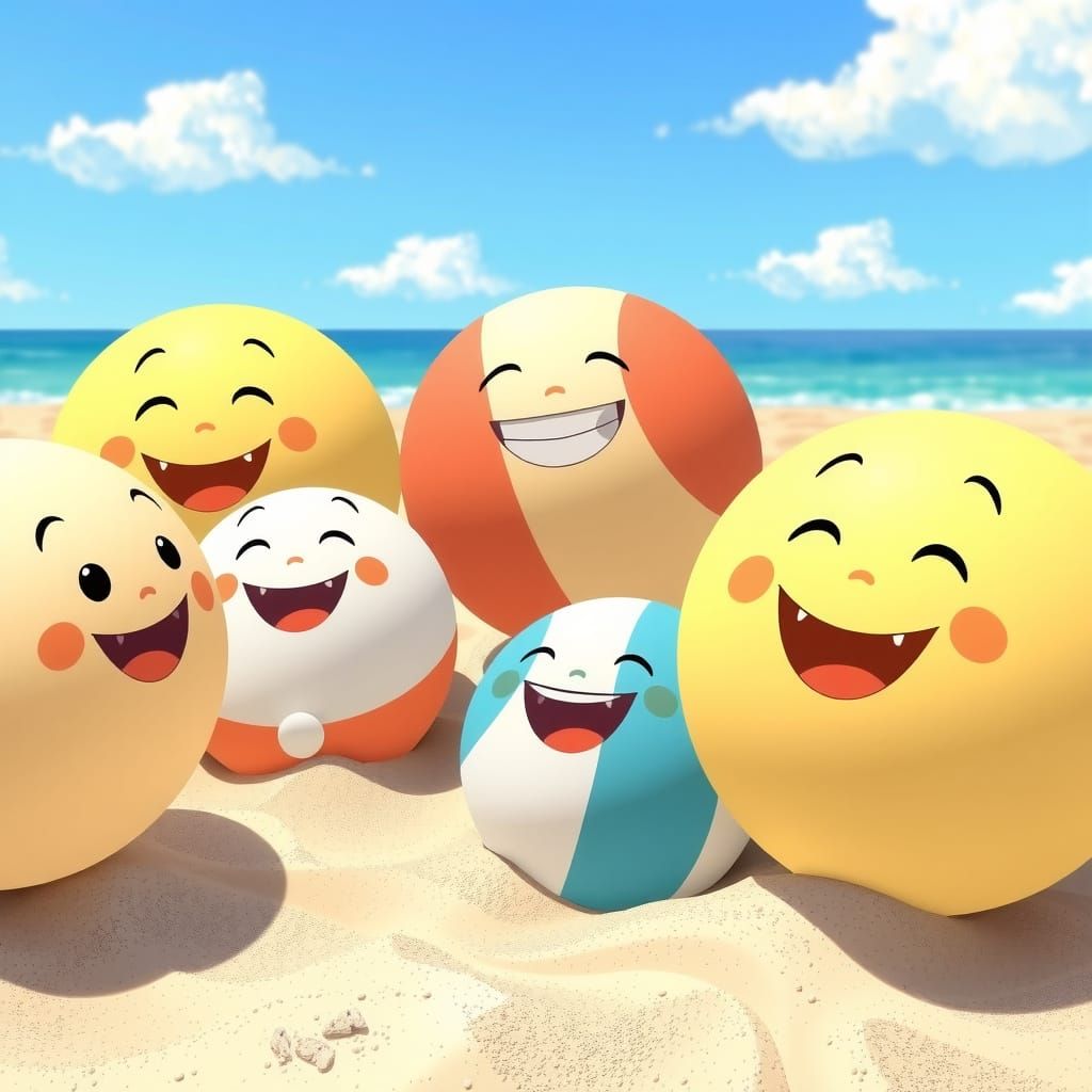 Happy Beach Balls Smiling on Sunny Beach in Ghibli Style