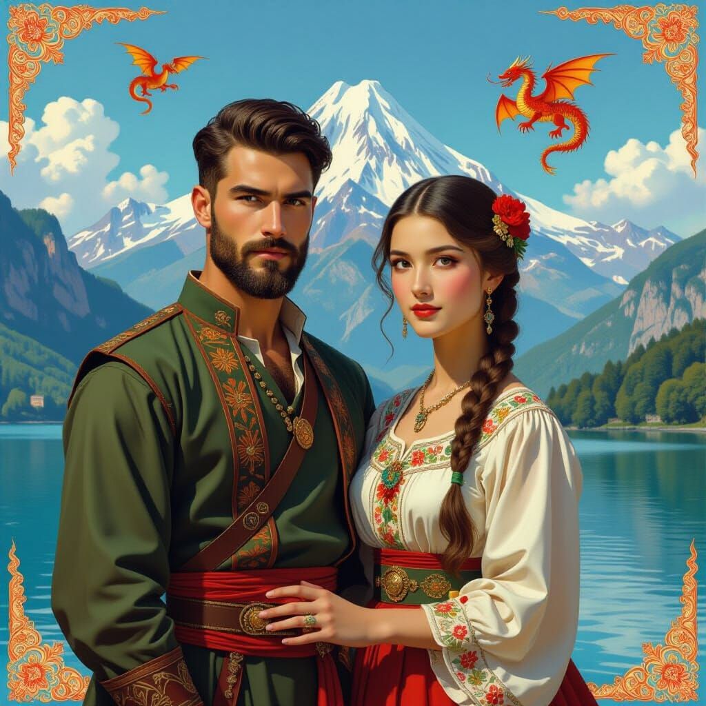Serbian Couple by Lake with Chinese Dragons, Pre-Raphaelite ...