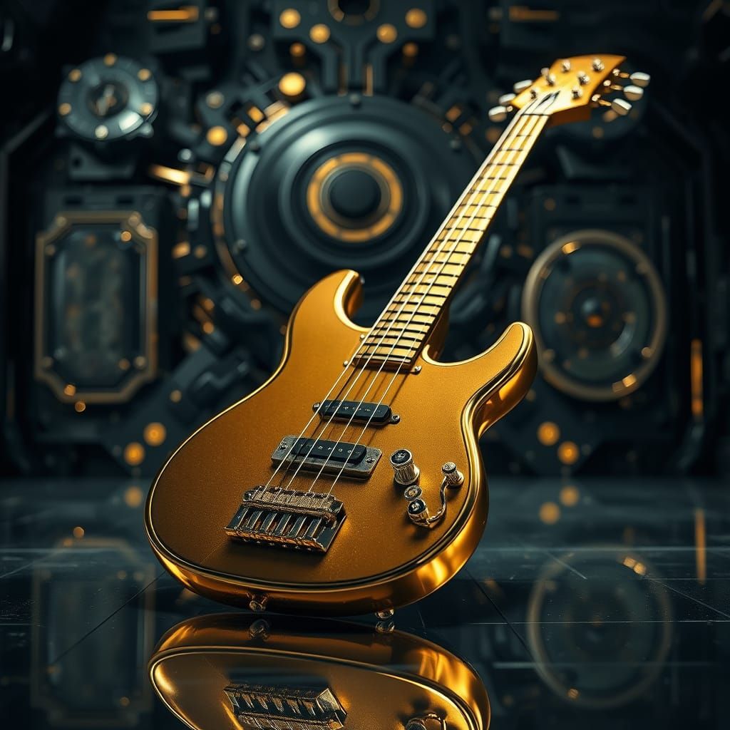 Futuristic Gold Bass Guitar in Sci-Fi Style