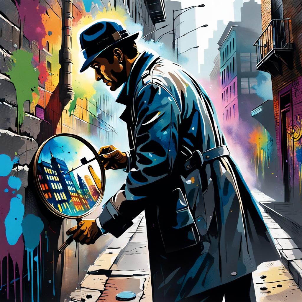 Detective Examines Clue as Graffiti Art