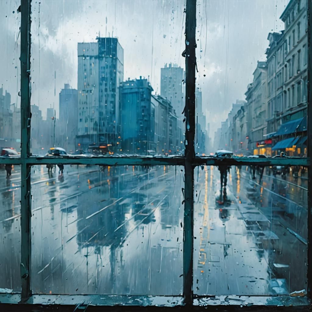 Rain-Smeared Window Over City in Expressionist Style