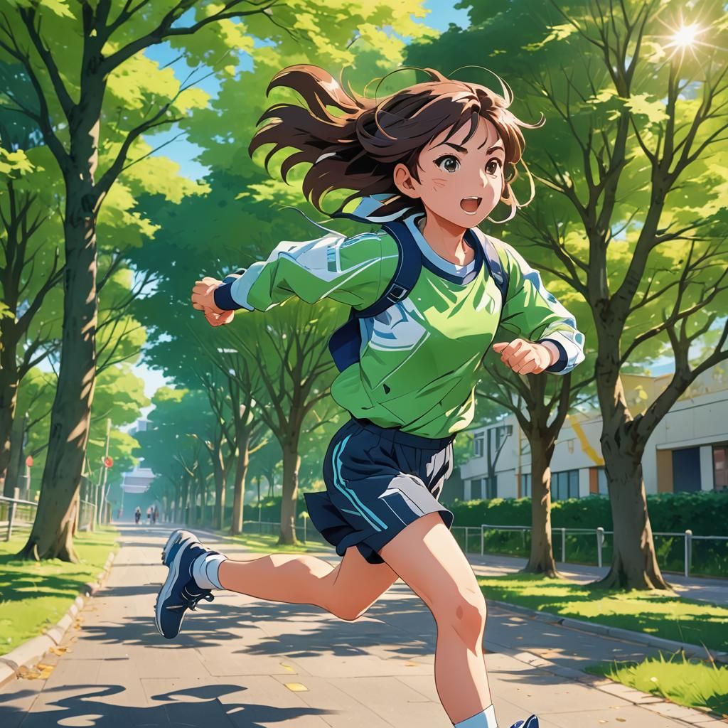 Anime Girl Running in School Yard in Manga Style