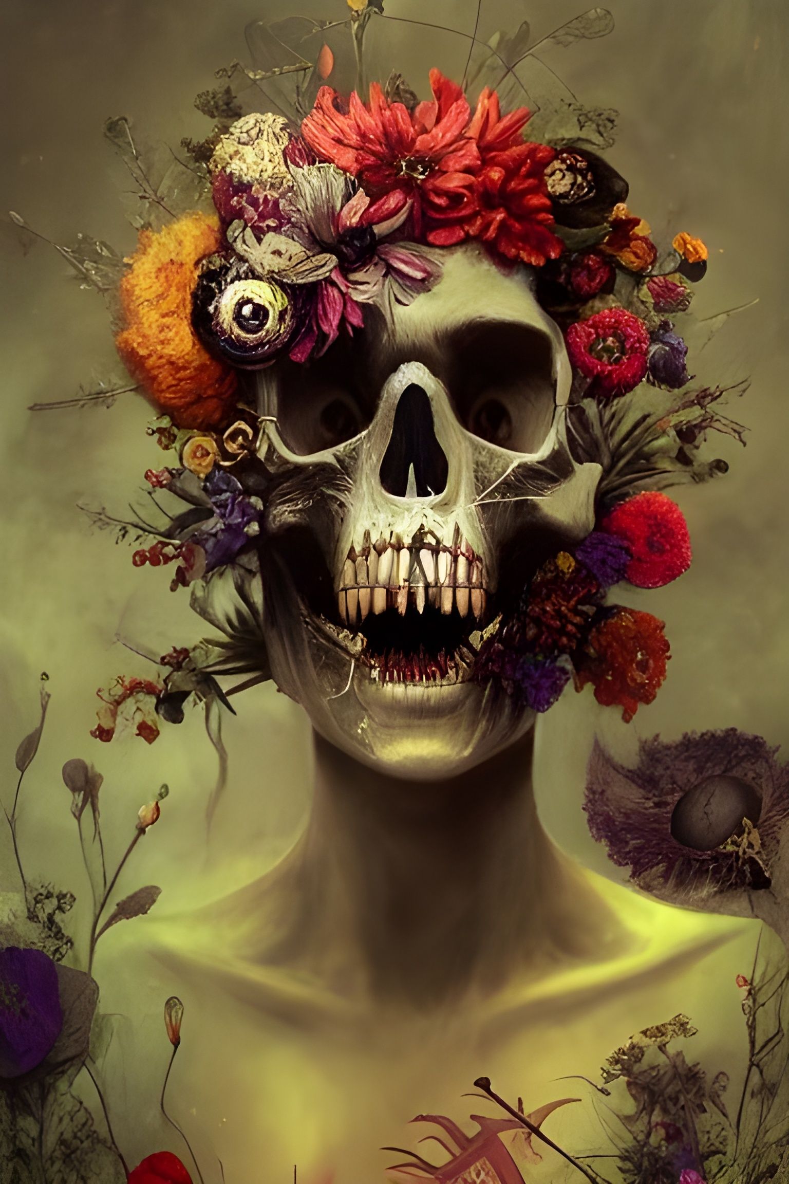 Floral Monster Skull in Surreal Style