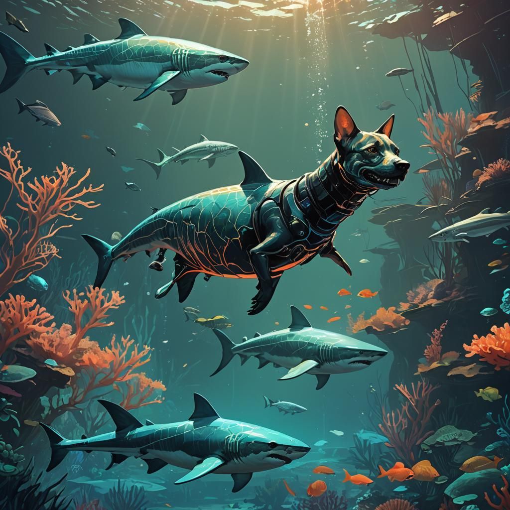 Dog-Cat-Shark Hybrid in Bioluminescent Seawater