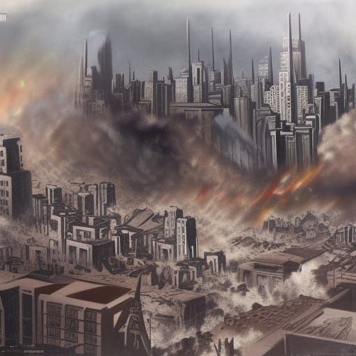 City in Ruins: Buildings Collapse in Aerial Panic