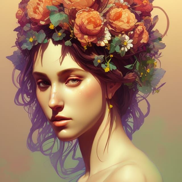 Flower Goddess Portrait in Art Nouveau Style