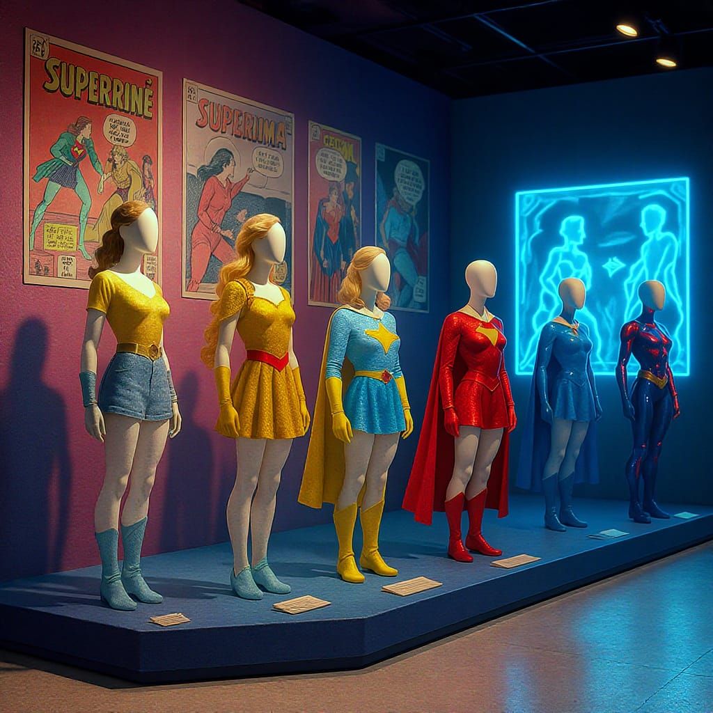 Superheroine Costume Evolution: Whimsical Museum Exhibit