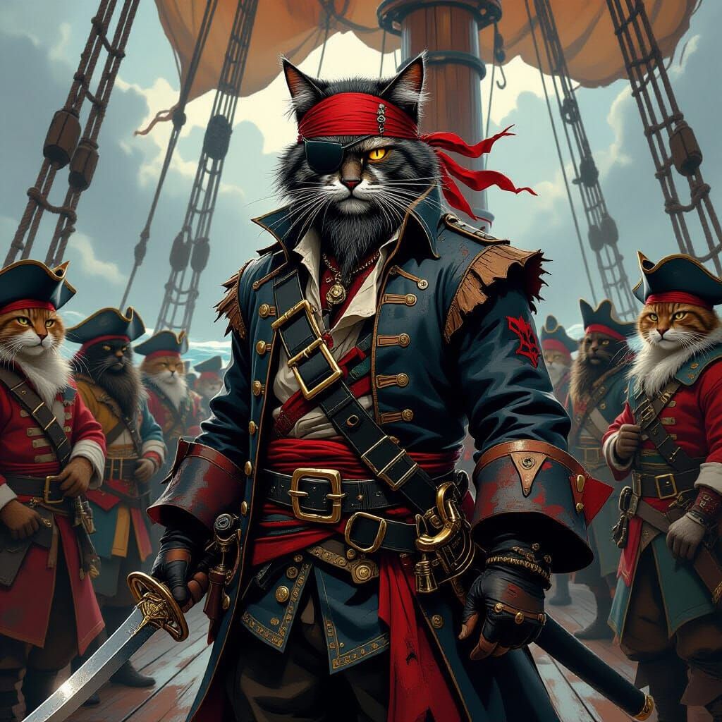 Menacing Cat Pirate on Stormy Seas