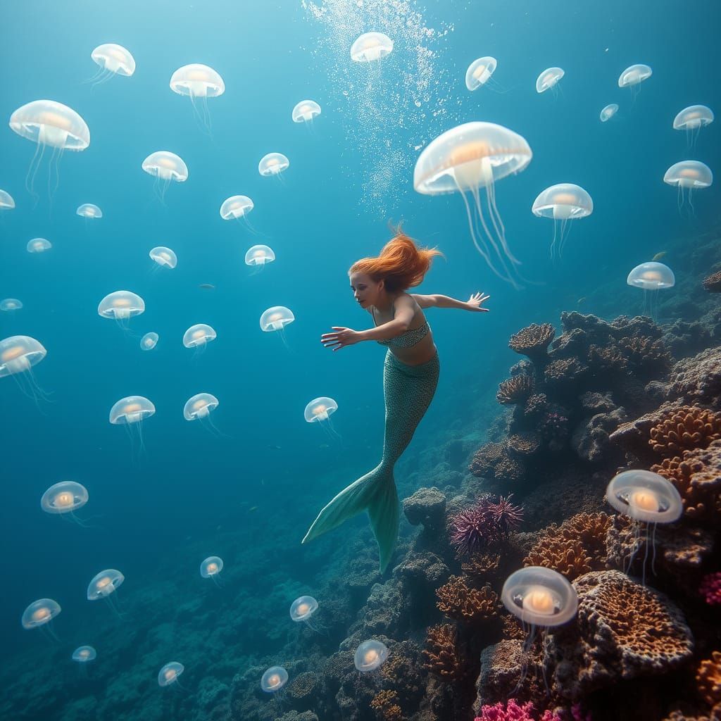Surreal Underwater Scene of a Mermaid Among Glowing Jellyfis...