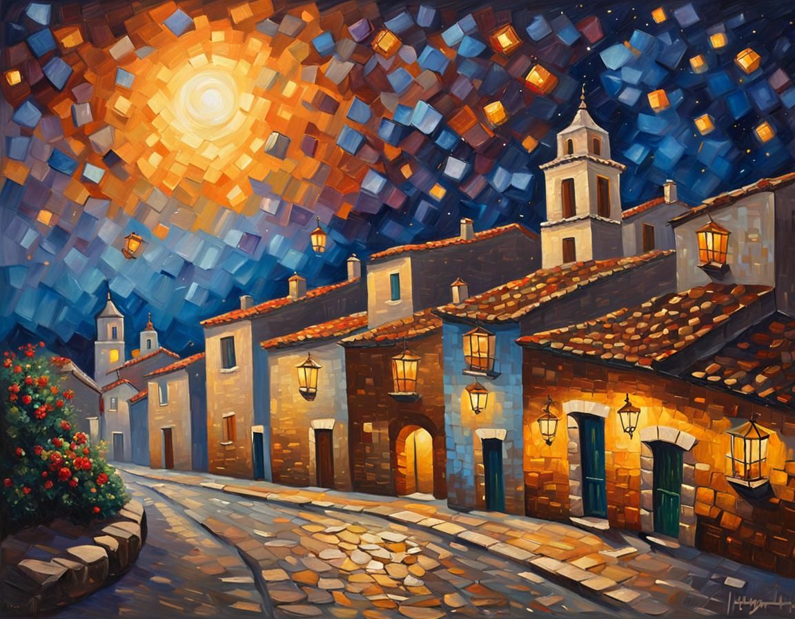 Impressionist Night Sky Over Spanish Village