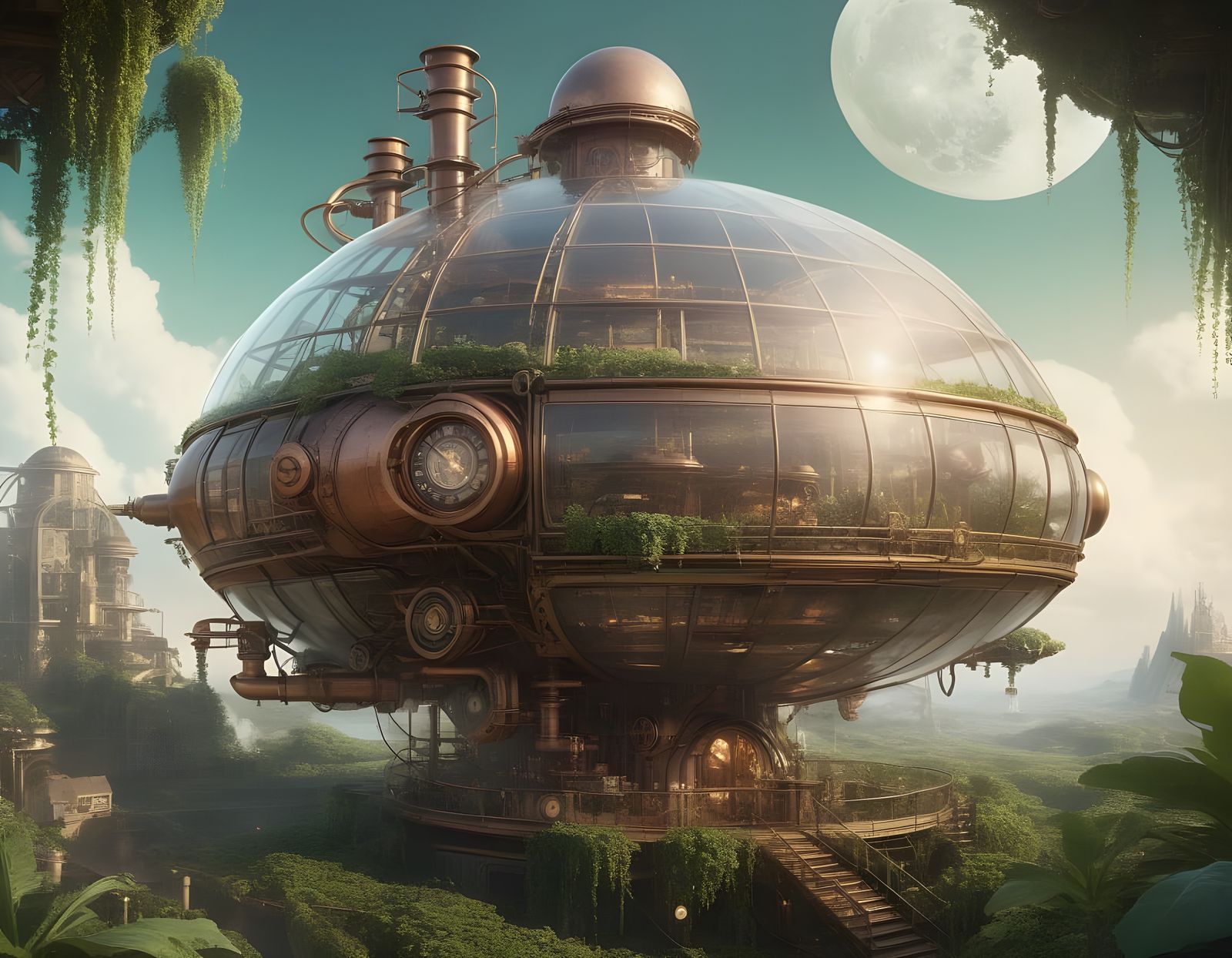 Surreal Steampunk Oasis Under Lunar Dome