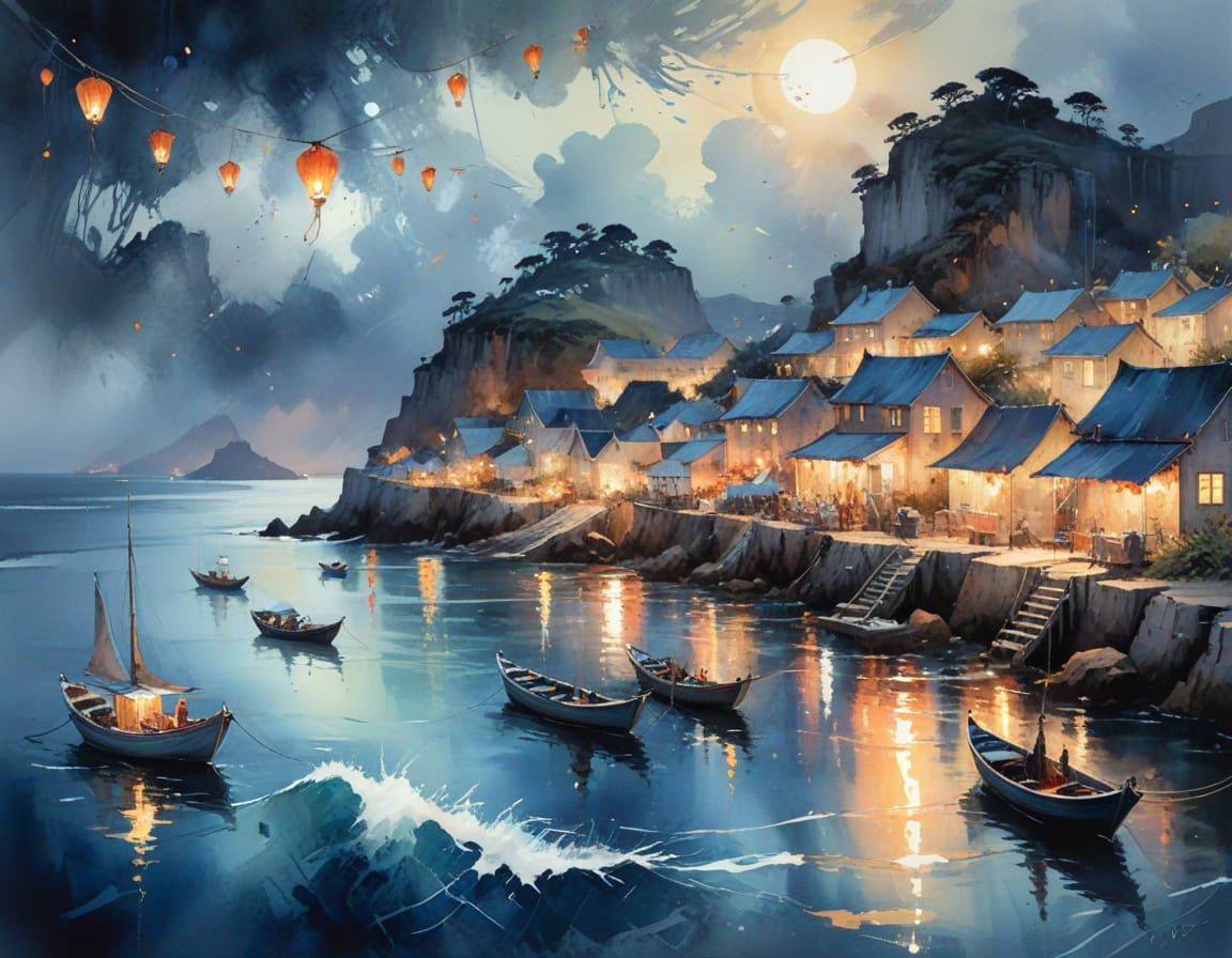 Coastal Village at Dusk in Neo-Impressionist Watercolor Styl...