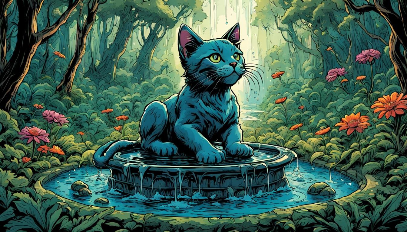 Whimsical Kitten Fountain in Bioluminescent Forest