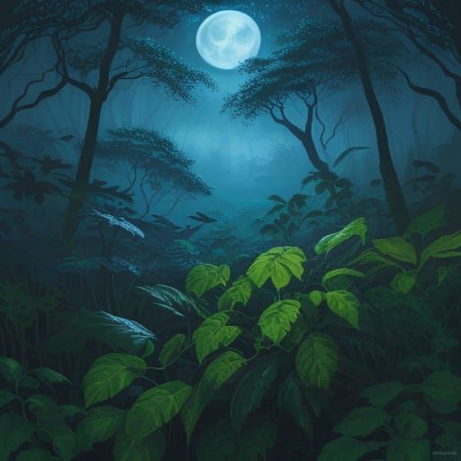 Luminous Moon Over Verdant Jungle Canopy Gouache Painting