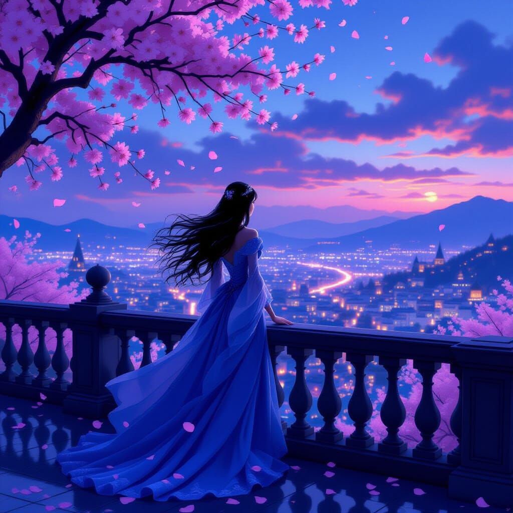 Princess Overlooking Twilight City with Cherry Blossoms