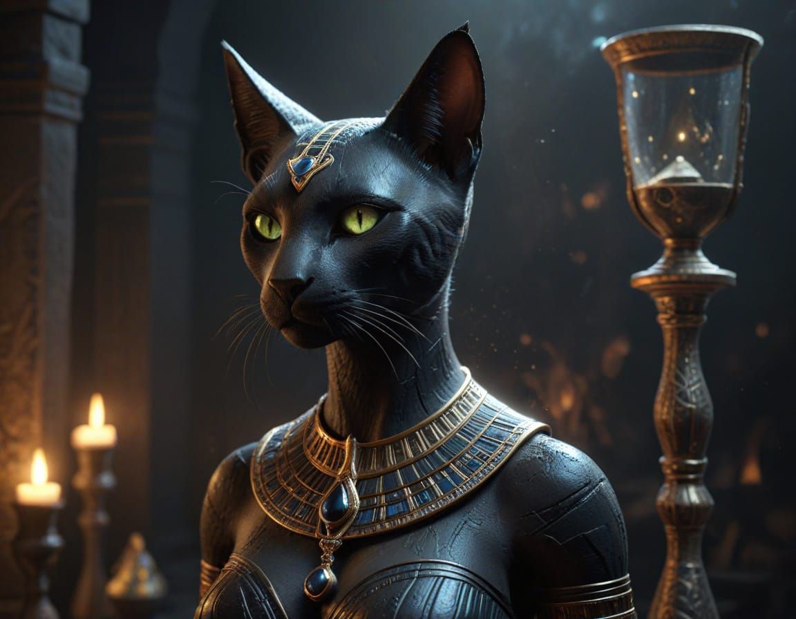 Ancient Egyptian Goddess Bastet as Dark Fantasy Cat Goddess