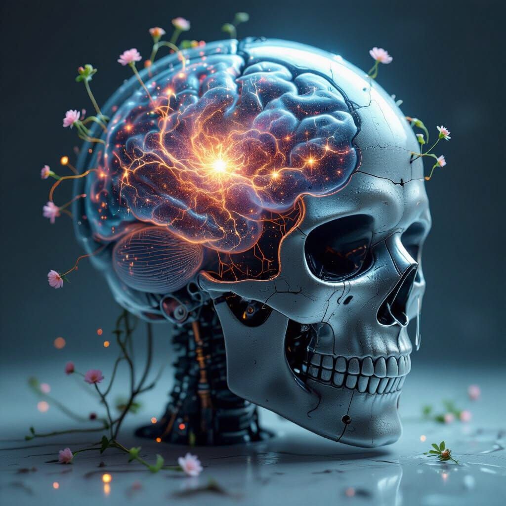 Cosmic Brain in Robot Skull with Flowers, Cinematic Lighting