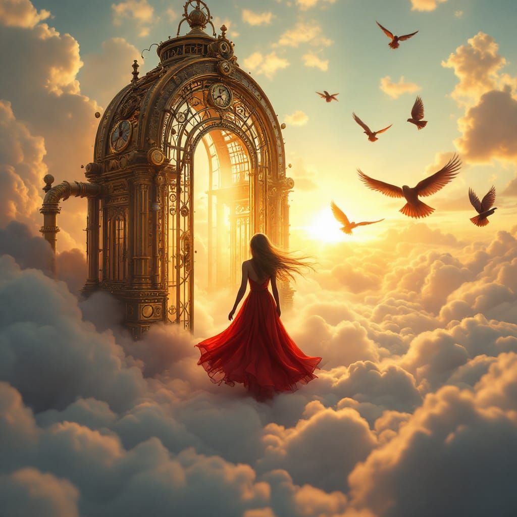 Steampunk Fantasy: Woman Approaches Golden Birdcage on Cloud...