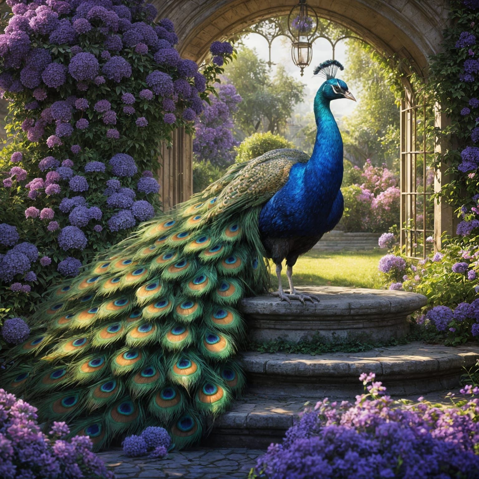 Magnificent Peacock Unfurls Splendid Feathers in Enchanted E...