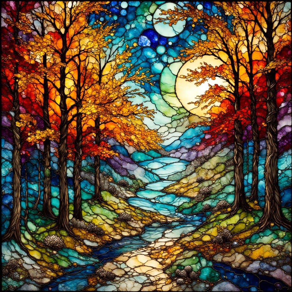 Stained Glass Autumn Landscape Under Moonlight