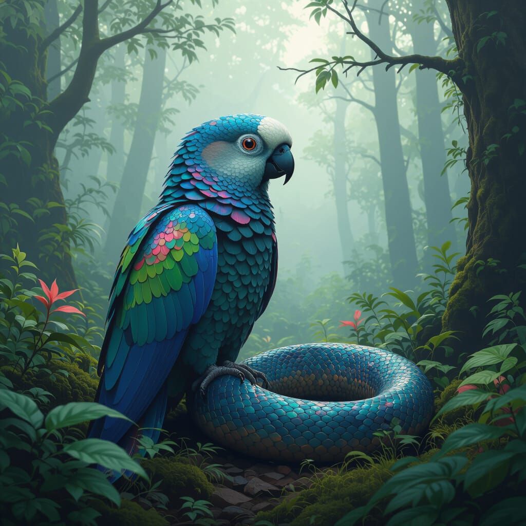 Parrot-Snake Creature in a Misty Forest as Matte Painting