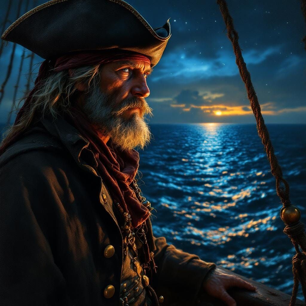 Pirate Captain Gazes at Starry Ocean at Dusk