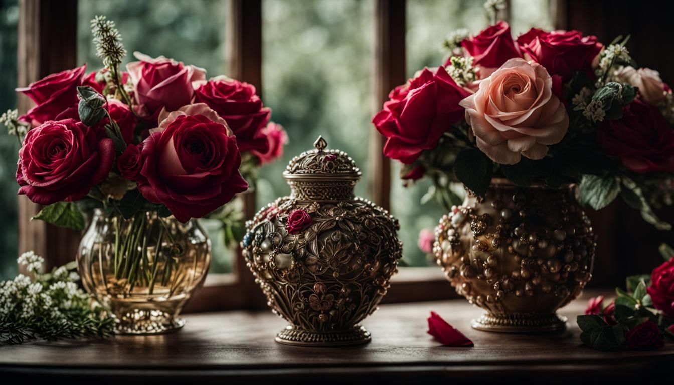 Jeweled Flower Vases: Hyperrealistic Cinematic Garden Scene